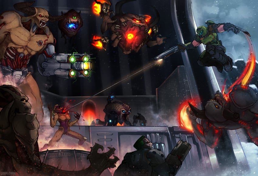 doomguy, cacodemon, imp, baron of hell, cyberdemon, and 5 more (doom and 1 more) drawn by leedlemann