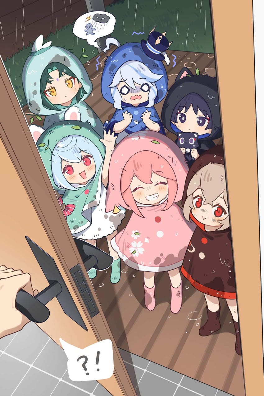 furina, yae miko, wanderer, xiao, kaedehara kazuha, and 2 more (genshin impact) drawn by hei_lang