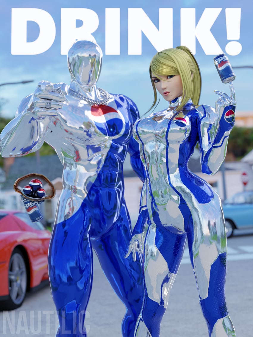 samus aran and pepsiman (metroid and 2 more) drawn by nautilic