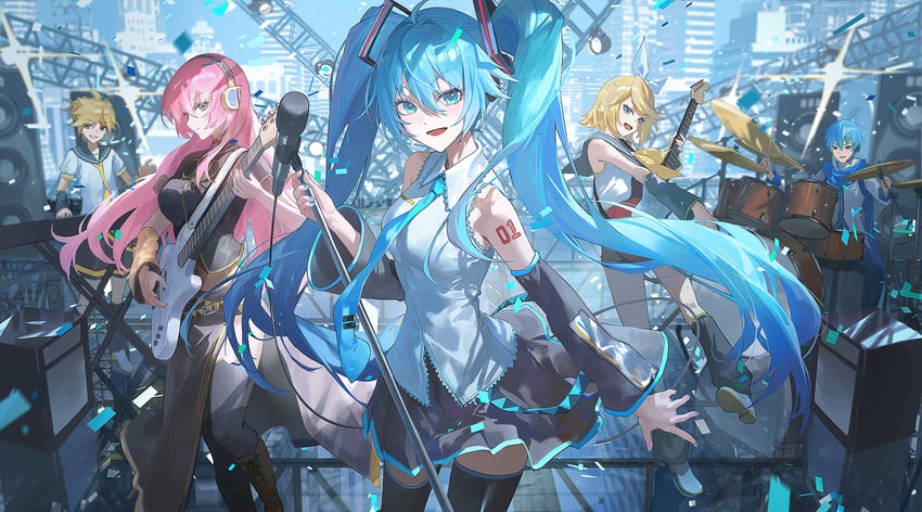 hatsune miku, kagamine rin, kagamine len, megurine luka, and kaito (vocaloid) drawn by ttk_(kirinottk)