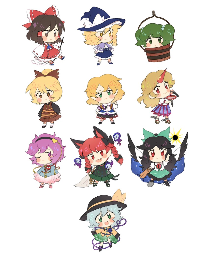 hakurei reimu, kirisame marisa, komeiji koishi, komeiji satori, kaenbyou rin, and 5 more (touhou and 1 more) drawn by jeto_(jetopyon)