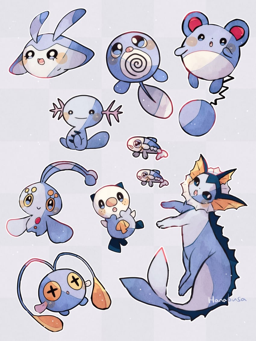 vaporeon, oshawott, marill, wooper, wishiwashi, and 4 more (pokemon) drawn by hanabusaoekaki