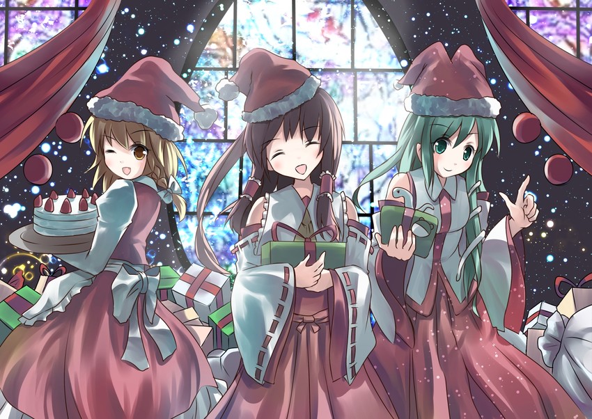 hakurei reimu, kirisame marisa, and kochiya sanae (touhou) drawn by risutaru