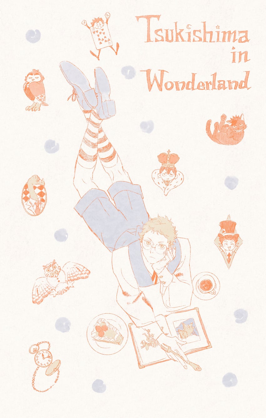 hinata shouyou, bokuto koutarou, kuroo tetsurou, mad hatter, akaashi keiji, and 2 more (alice's adventures in wonderland and 1 more) drawn by chengongzi123