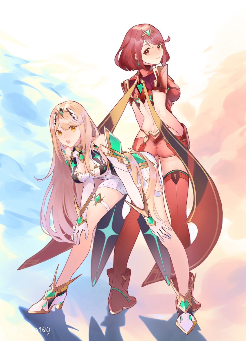 pyra and mythra (xenoblade chronicles and 1 more) drawn by comumo