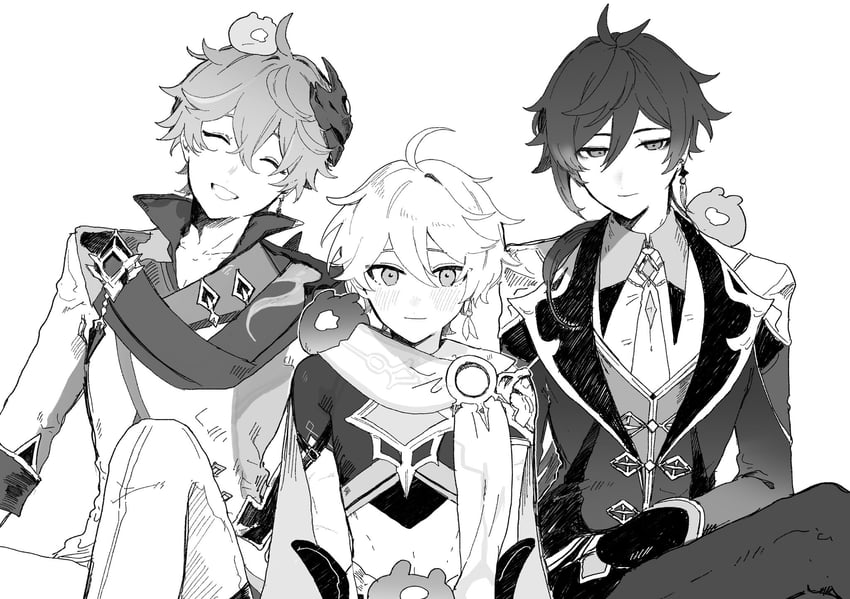 aether, zhongli, tartaglia, and seelie (genshin impact) drawn by tabibitowayo