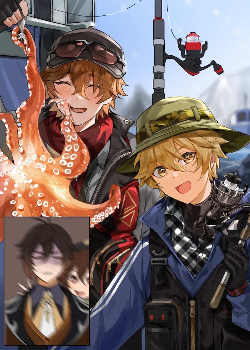 hu tao, aether, zhongli, and tartaglia (genshin impact) drawn by gyoju_(only_arme_nim)