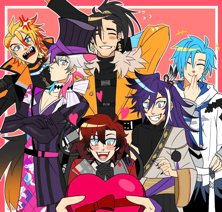 gavis bettel, machina x flayon, regis altare, axel syrios, banzoin hakka, and 1 more (holostars and 1 more) drawn by pokeparkfan