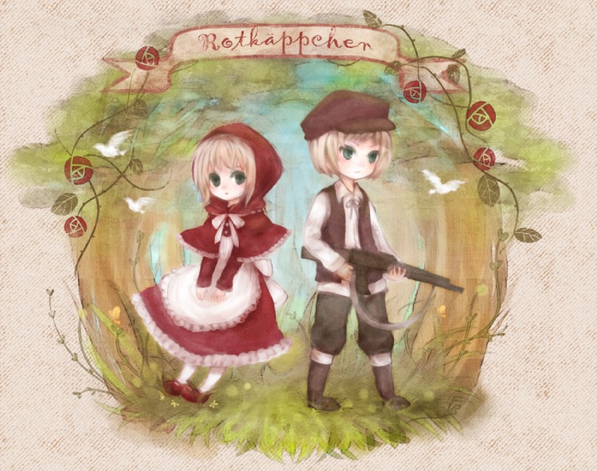 little red riding hood, liechtenstein, switzerland, and hunter (axis powers hetalia and 1 more) drawn by mikanniro