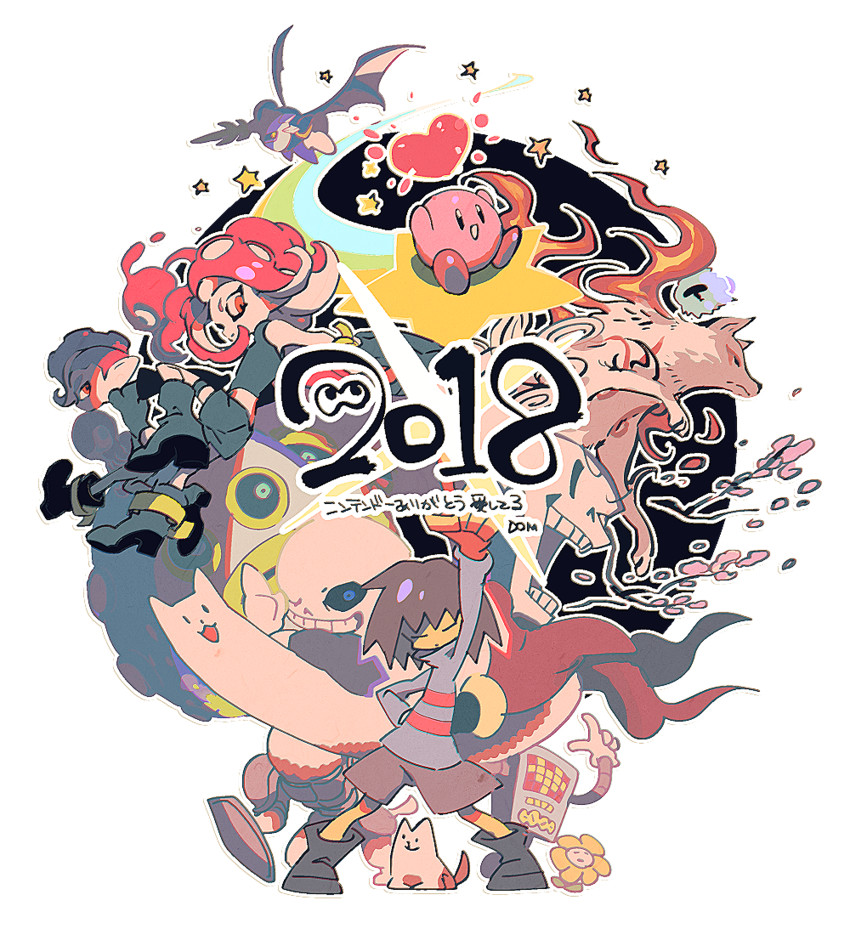 kirby, octoling player character, frisk, sans, meta knight, and 7 more (splatoon and 7 more) drawn by domu_(hamadura)
