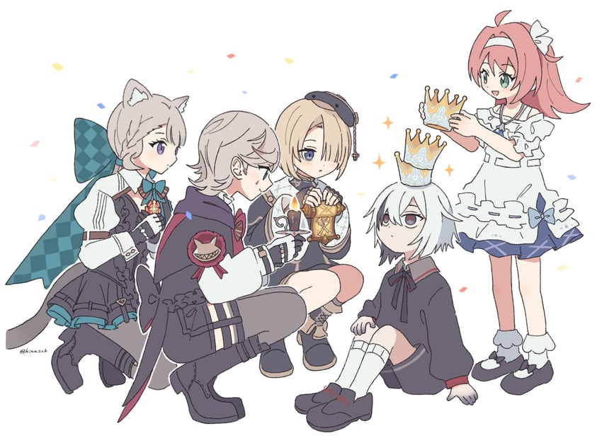 arlecchino, lynette, lyney, freminet, and peruere (genshin impact) drawn by hinaszk
