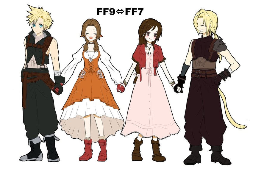cloud strife, aerith gainsborough, zidane tribal, and garnet til alexandros xvii (final fantasy and 3 more) drawn by song30133
