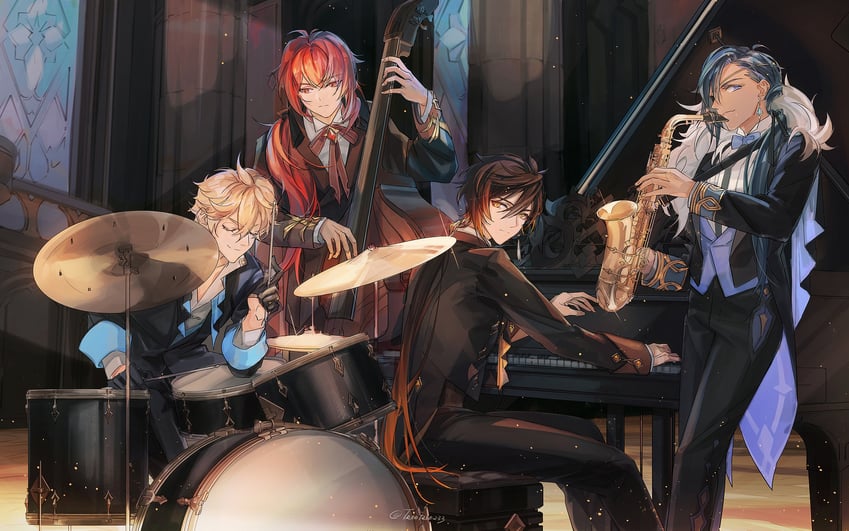 zhongli, tartaglia, diluc, and kaeya (genshin impact) drawn by treetree233