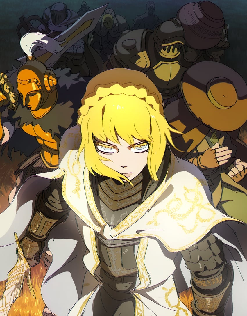 needle knight leda, sir ansbach, thiollier, redmane freyja, hornsent, and 2 more (elden ring and 1 more) drawn by aisendraw