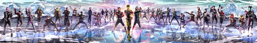 kamen rider kuuga, kamen rider decade, kamen rider double, kamen rider 1, kamen rider ooo, and 35 more (kamen rider and 31 more) drawn by masukudo_(hamamoto_hikaru)