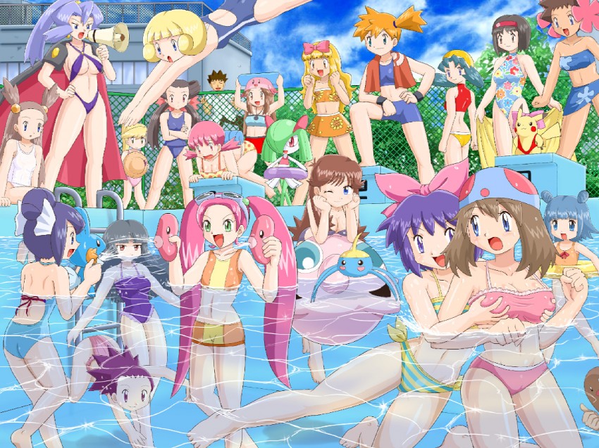 pikachu, may, ash ketchum, misty, leaf, and 24 more (pokemon and 6 more) drawn by pokemoa