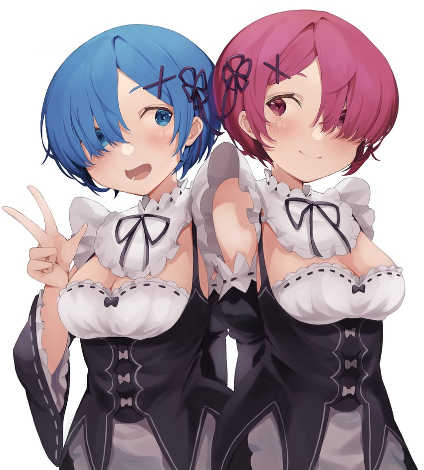 rem and ram (re:zero kara hajimeru isekai seikatsu) drawn by shiro_(koob173)