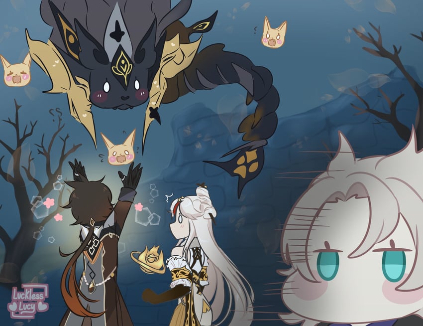 zhongli, ningguang, albedo, and golden wolflord (genshin impact) drawn by lucklessluci