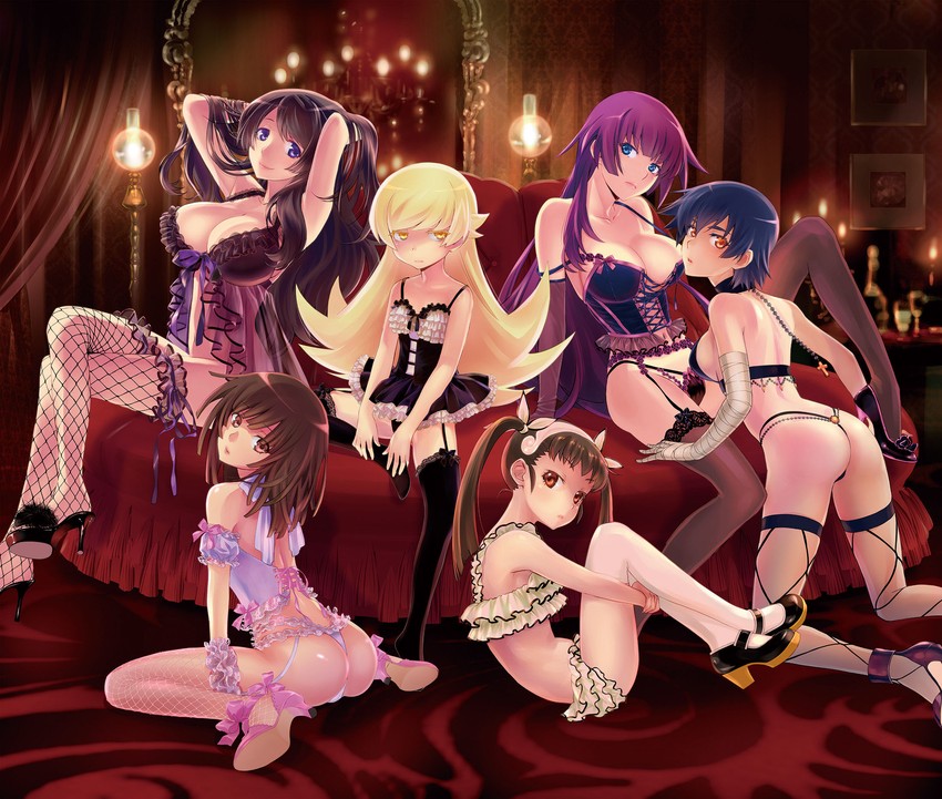 oshino shinobu, senjougahara hitagi, hanekawa tsubasa, sengoku nadeko, hachikuji mayoi, and 1 more (monogatari) drawn by akutagawa_manbou