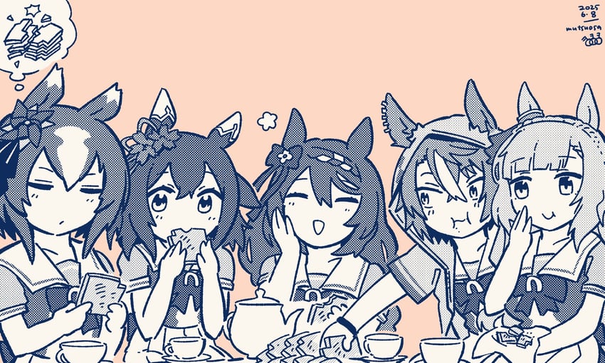 super creek, mejiro ardan, sakura chiyono o, yaeno muteki, and dictus striker (umamusume and 1 more) drawn by inada_roku