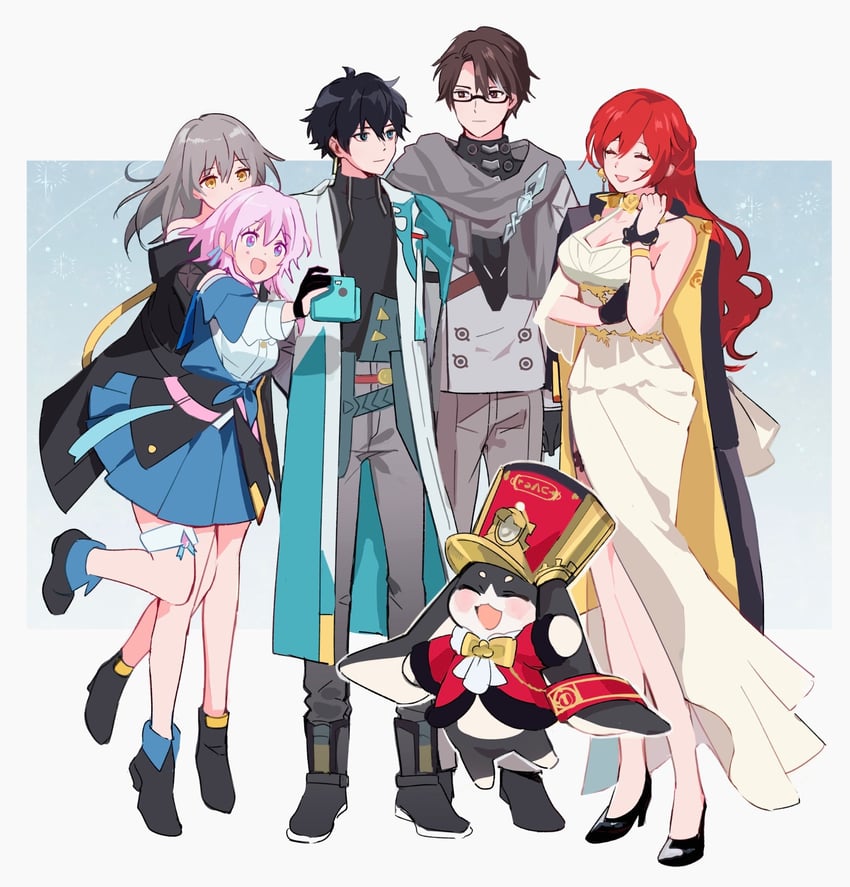 trailblazer, stelle, march 7th, dan heng, himeko, and 2 more (honkai and 1 more) drawn by kotone_ranmaru
