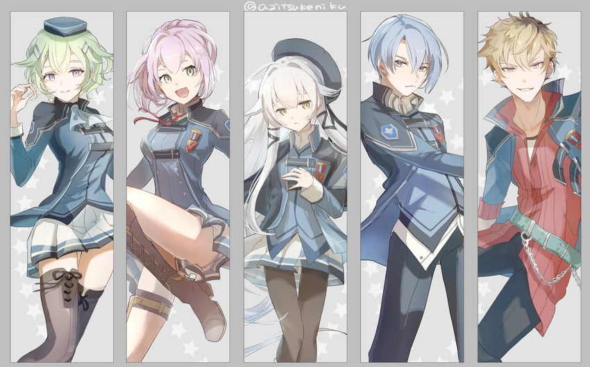 altina orion, juna crawford, musse egret, kurt vander, and ash carbide (eiyuu densetsu and 2 more) drawn by azitsukeniku