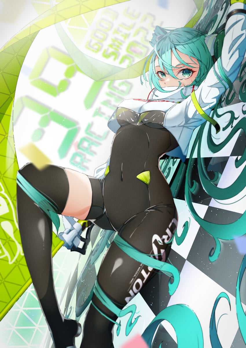 hatsune miku and racing miku (vocaloid and 1 more) drawn by mashiron_(mashiron8)