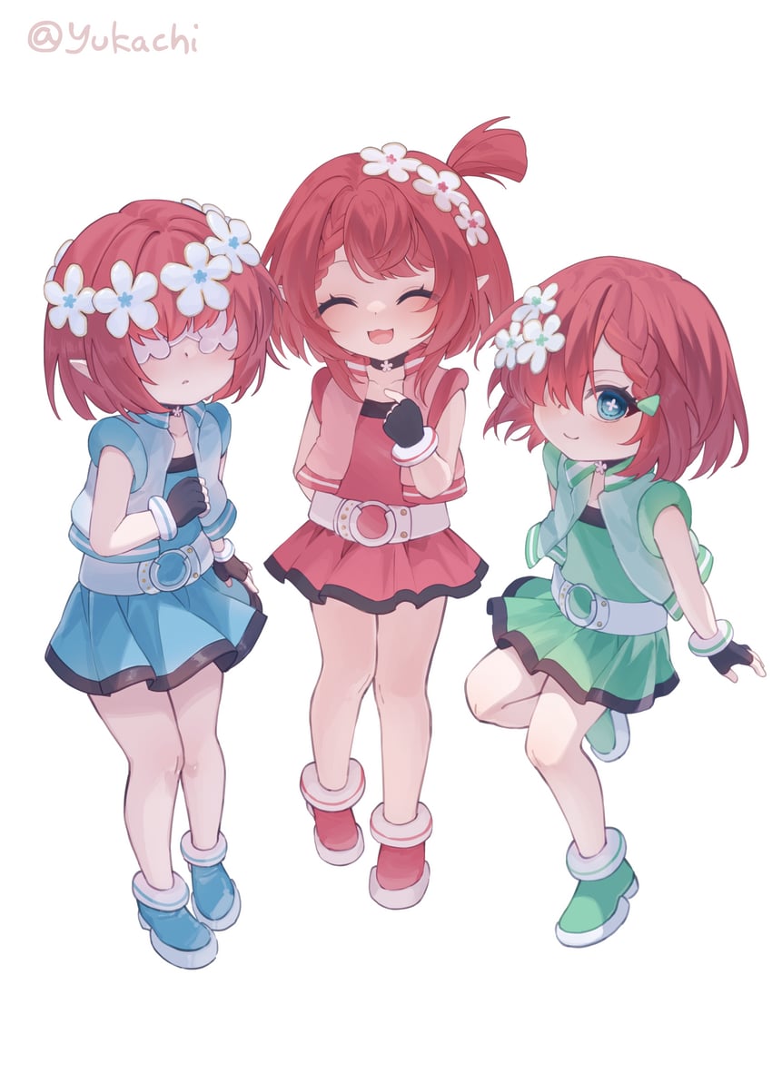 tribbie, trianne, trinnon, hyper blossom, powered buttercup, and 1 more (honkai and 2 more) drawn by yukachiee