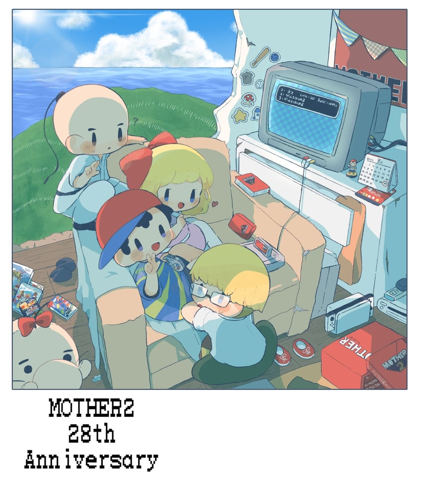 ness, paula, doseisan, jeff andonuts, and poo (mother and 1 more) drawn by rumichica