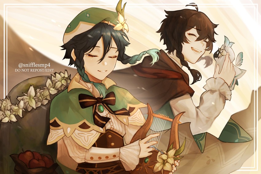 venti, barbatos, and nameless bard (genshin impact) drawn by snifflesmp4