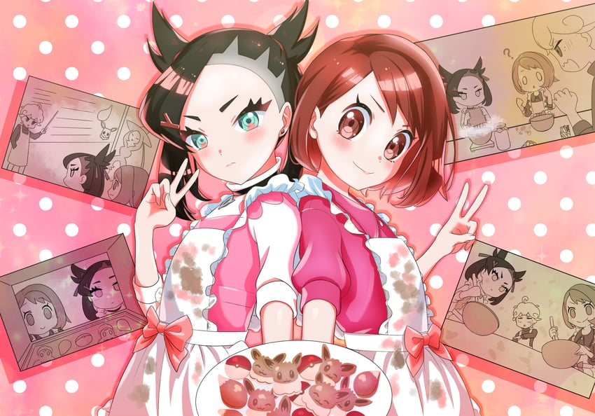 marnie, gloria, eevee, bede, and hatterene (pokemon and 2 more) drawn by riki_(rikixriki07)