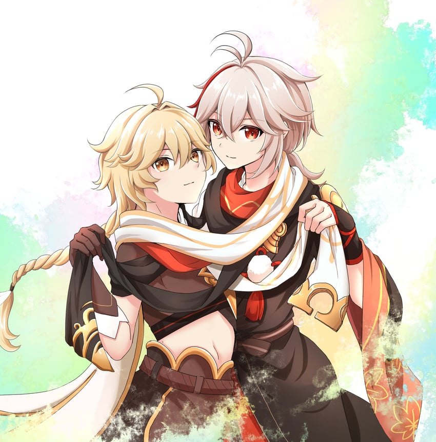 aether and kaedehara kazuha (genshin impact) drawn by kazeakisora