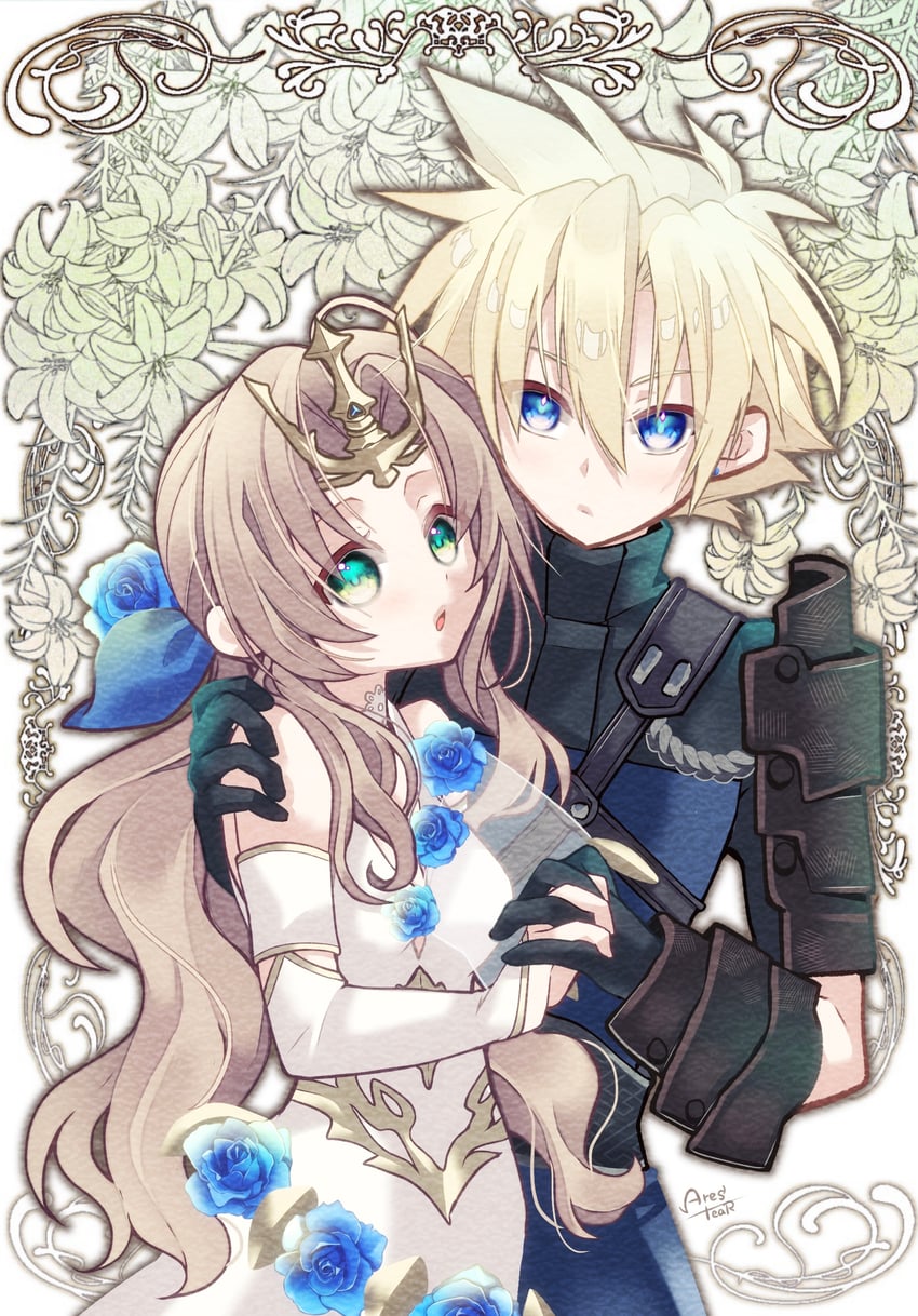 cloud strife and aerith gainsborough (final fantasy and 2 more) drawn by arestear0701