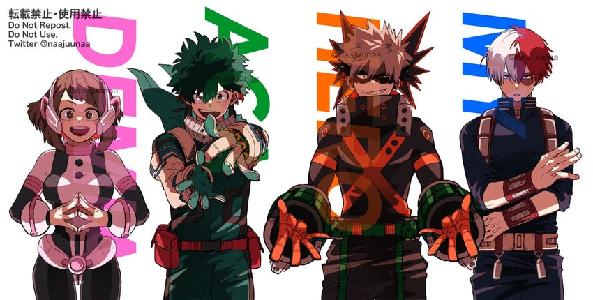 midoriya izuku, bakugou katsuki, uraraka ochaco, and todoroki shoto (boku no hero academia) drawn by naajuunaa