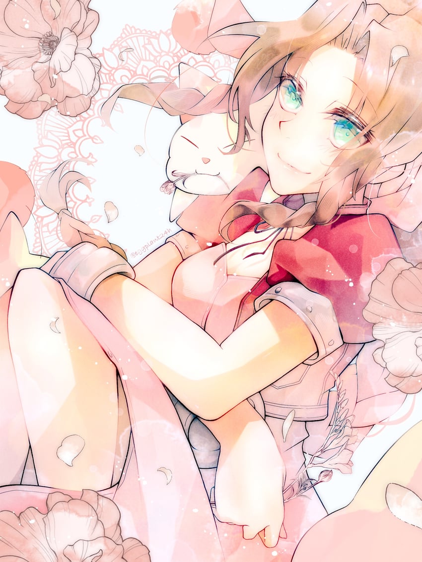 aerith gainsborough and moogle (final fantasy and 1 more) drawn by eggplant24h