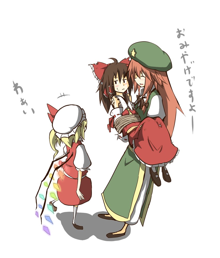 hakurei reimu, flandre scarlet, and hong meiling (touhou) drawn by asyura_kumo