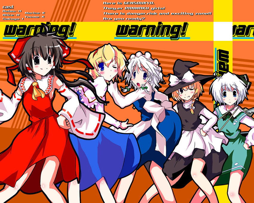 hakurei reimu, kirisame marisa, izayoi sakuya, konpaku youmu, and alice margatroid (touhou)