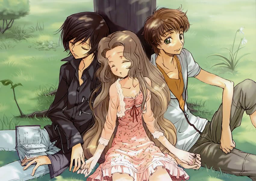 lelouch vi britannia, kururugi suzaku, and nunnally vi britannia (code geass) drawn by kimura_takahiro and ookouchi_ricca