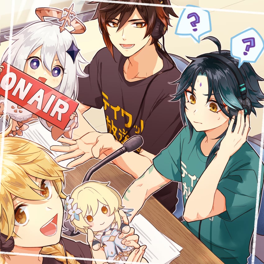lumine, aether, zhongli, paimon, and xiao (genshin impact) drawn by mapogeso