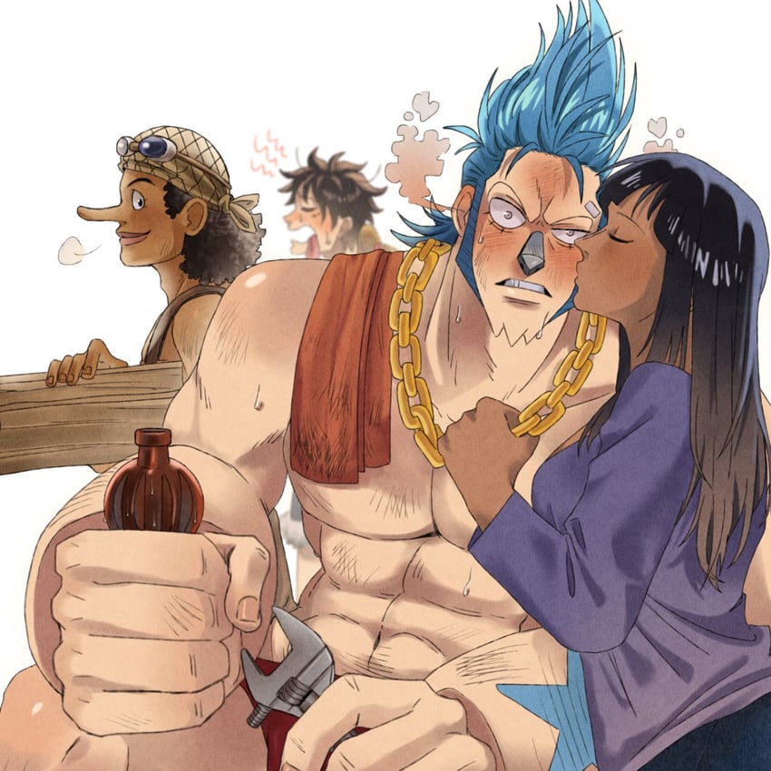monkey d. luffy, nico robin, usopp, and franky (one piece) drawn by amai_ring0