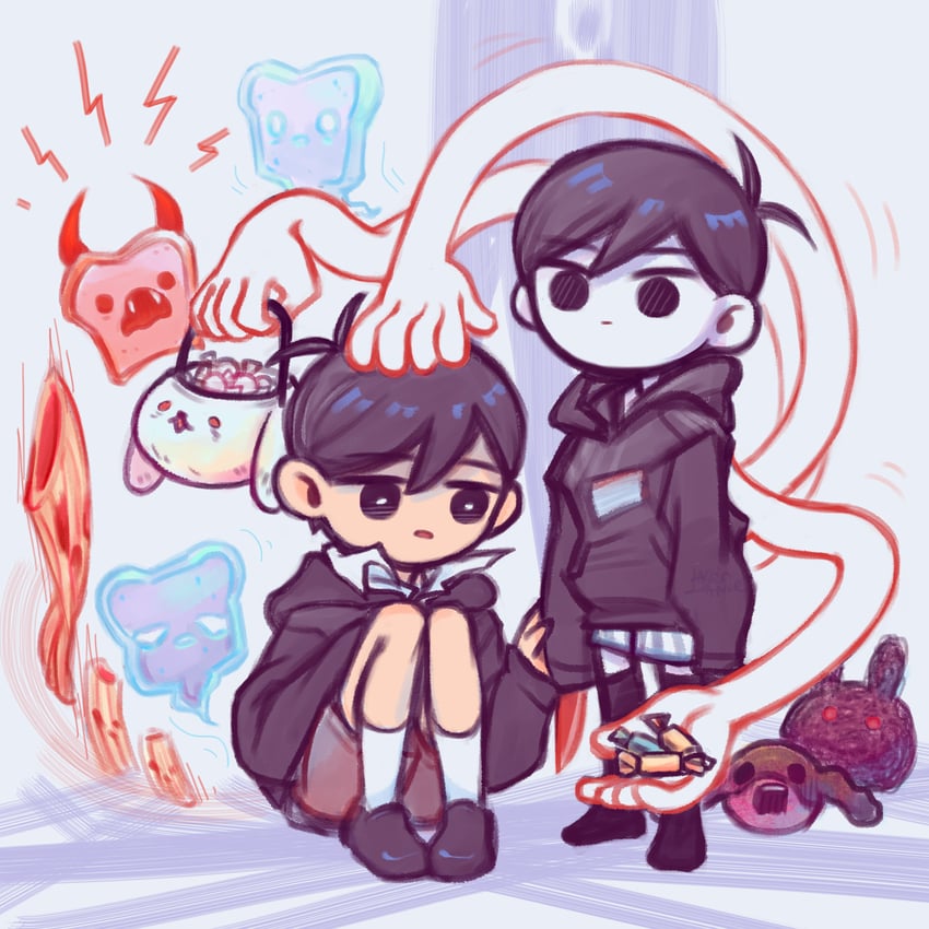 sunny, omori, something, ghost bunny, toast ghost, and 3 more (omori) drawn by laser-lance