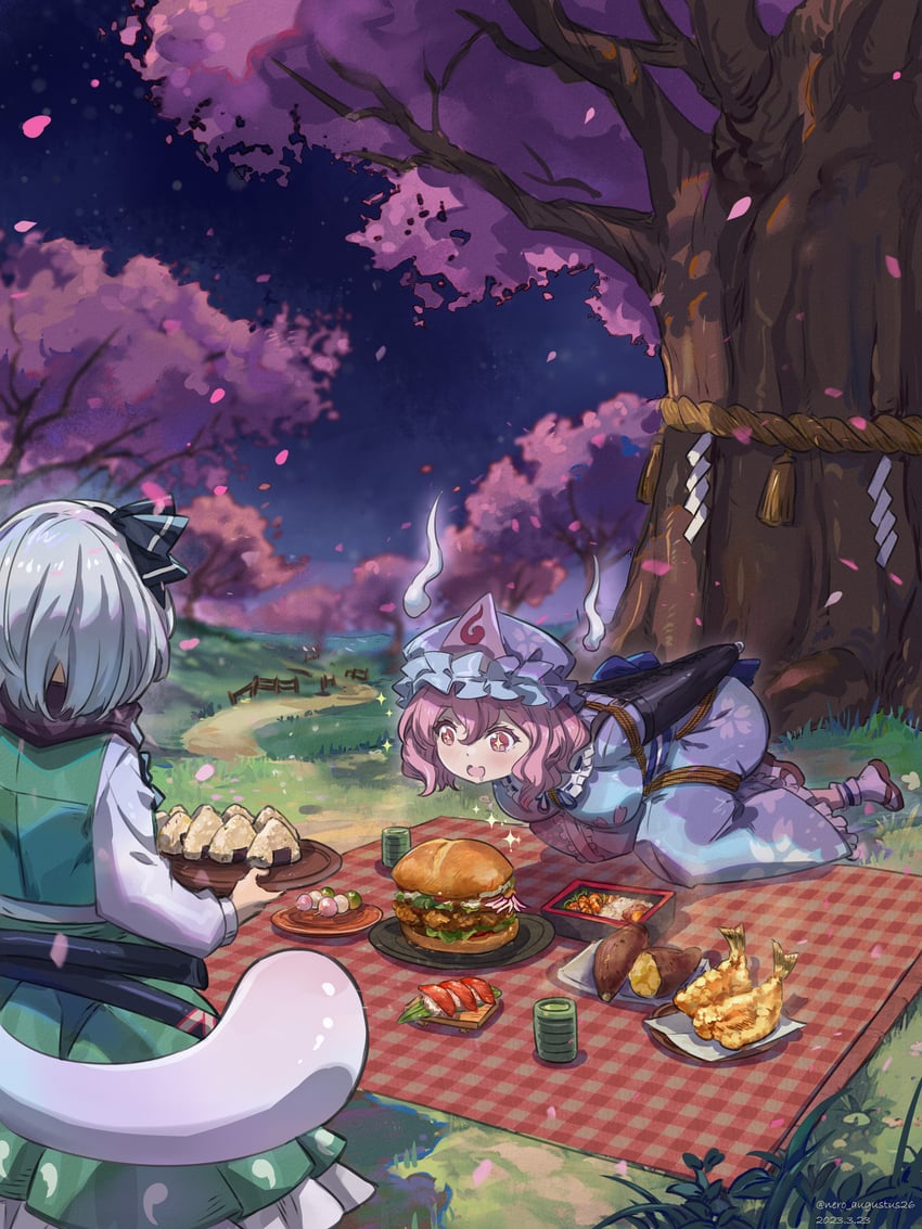 konpaku youmu, saigyouji yuyuko, and saigyou ayakashi (touhou) drawn by nero_augustus