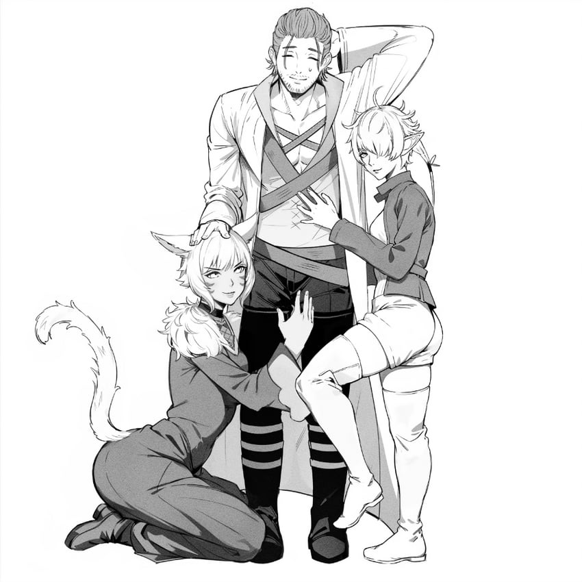 warrior of light, y'shtola rhul, adventurer, and alisaie leveilleur (final fantasy and 1 more) drawn by jamjamstyle