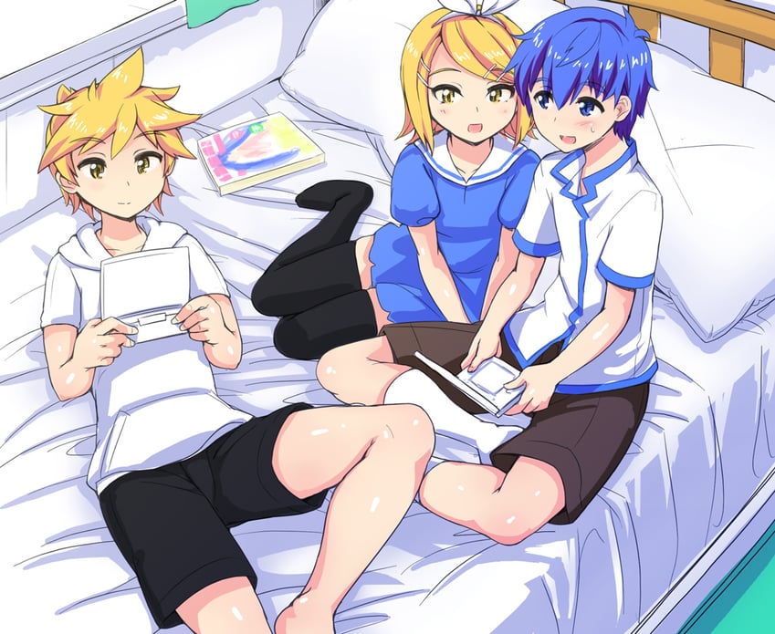 kagamine rin, kagamine len, and kaito (vocaloid) drawn by abubu