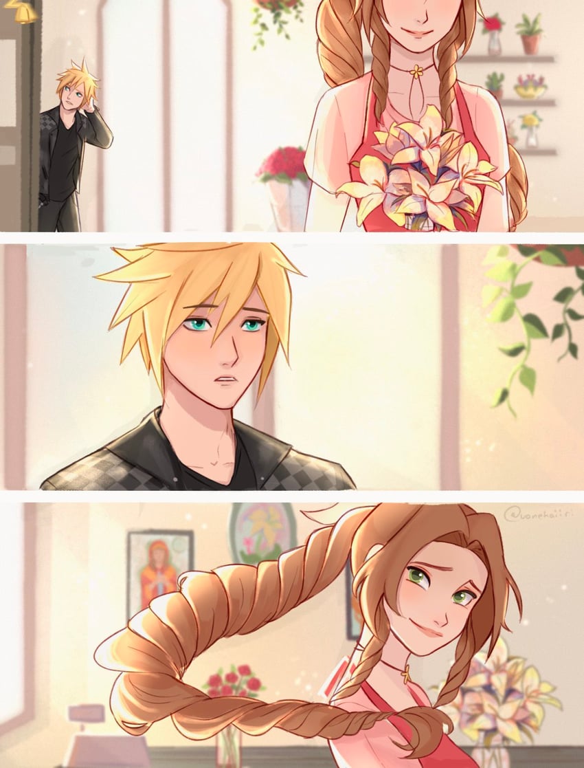 cloud strife and aerith gainsborough (final fantasy and 2 more) drawn by vanekairi