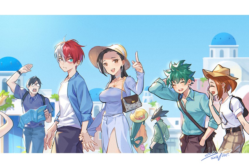midoriya izuku, uraraka ochaco, todoroki shoto, asui tsuyu, yaoyorozu momo, and 3 more (boku no hero academia) drawn by johnny_koala