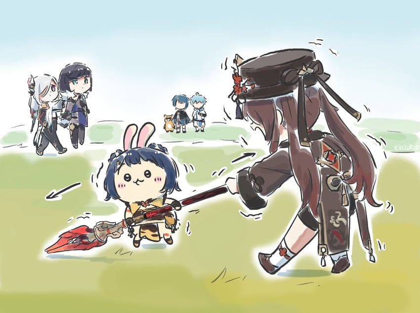 hu tao, shenhe, yelan, xingqiu, chongyun, and 3 more (genshin impact and 1 more) drawn by xinzoruo