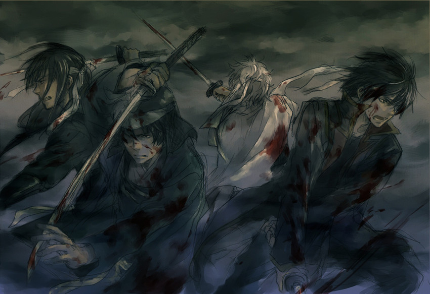 sakata gintoki, takasugi shinsuke, katsura kotarou, and sakamoto tatsuma (gintama) drawn by acaco