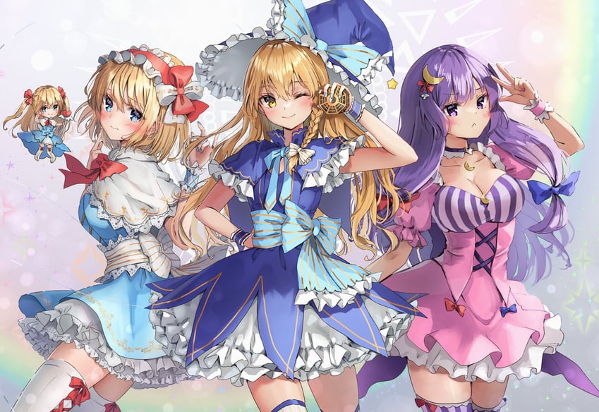 kirisame marisa, alice margatroid, patchouli knowledge, and shanghai doll (touhou) drawn by shironeko_yuuki