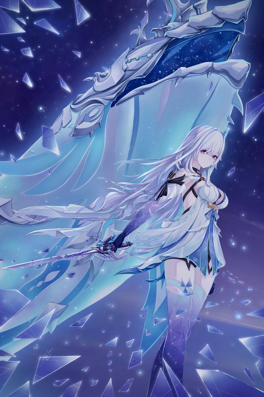skirk and all-devouring narwhal (genshin impact) drawn by yichen